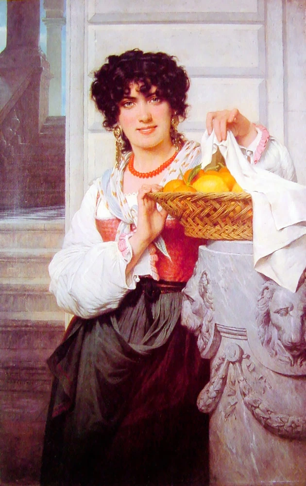 Ragazza pisana con cesto di arance e limoni